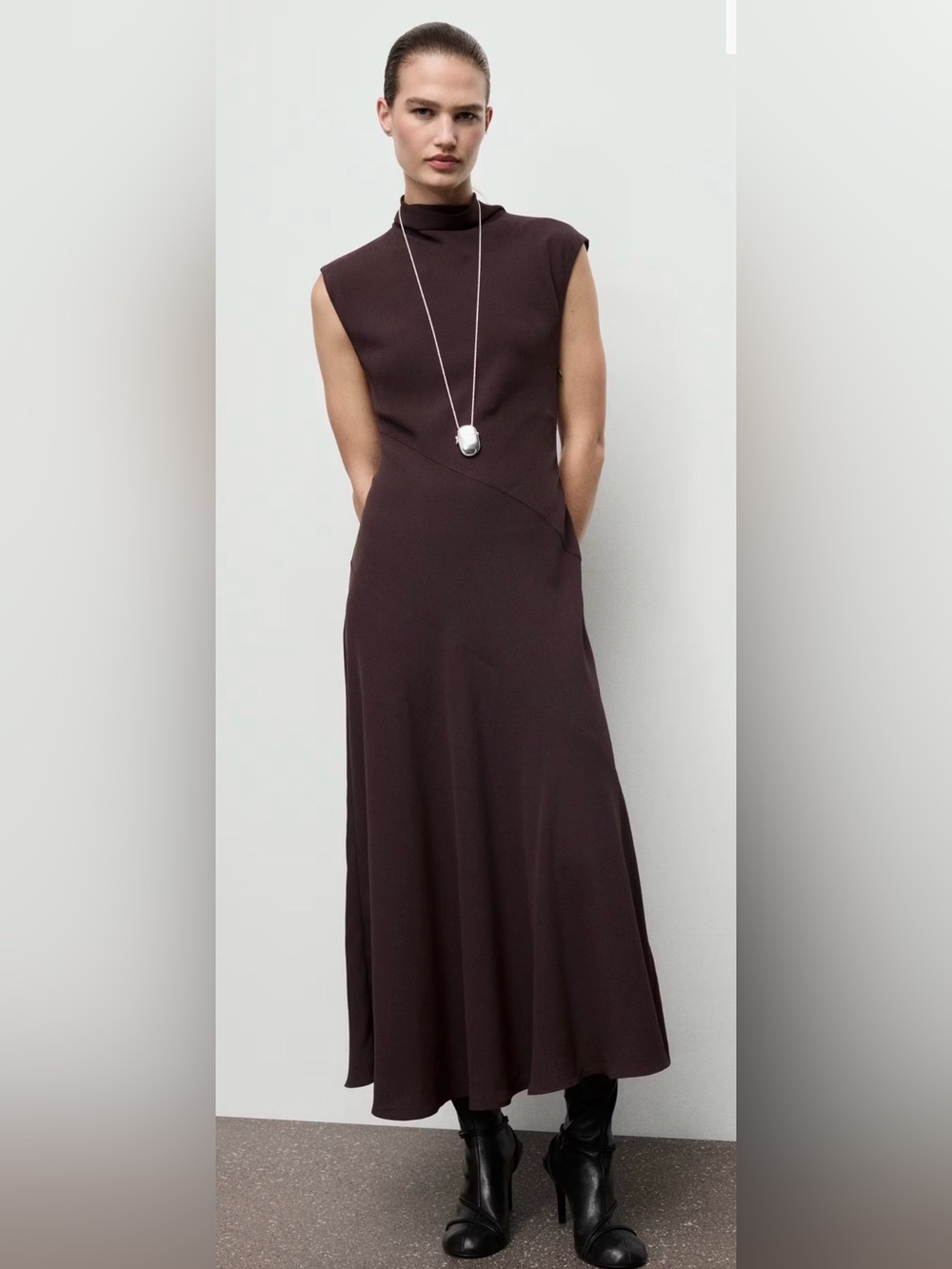 Mango Cocoa Brown Maxi Dress Mock Neck Sleeveless NWT Size S US 4